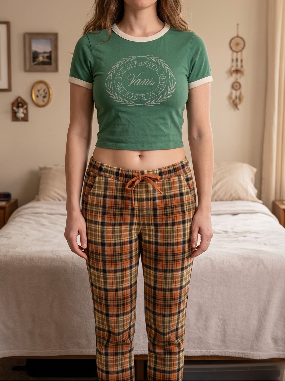 Vans Green Ringer Crop Tee with Cream Trim - Small